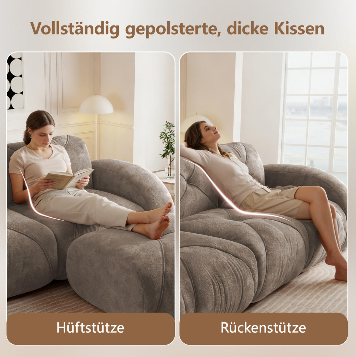 2-SITZER-MODULSOFA rahmenlos mit 32D-Hochdichteschaum, flexible Form und keine Montage, Braun - Braun, Textil (204/76/95cm) - Redom