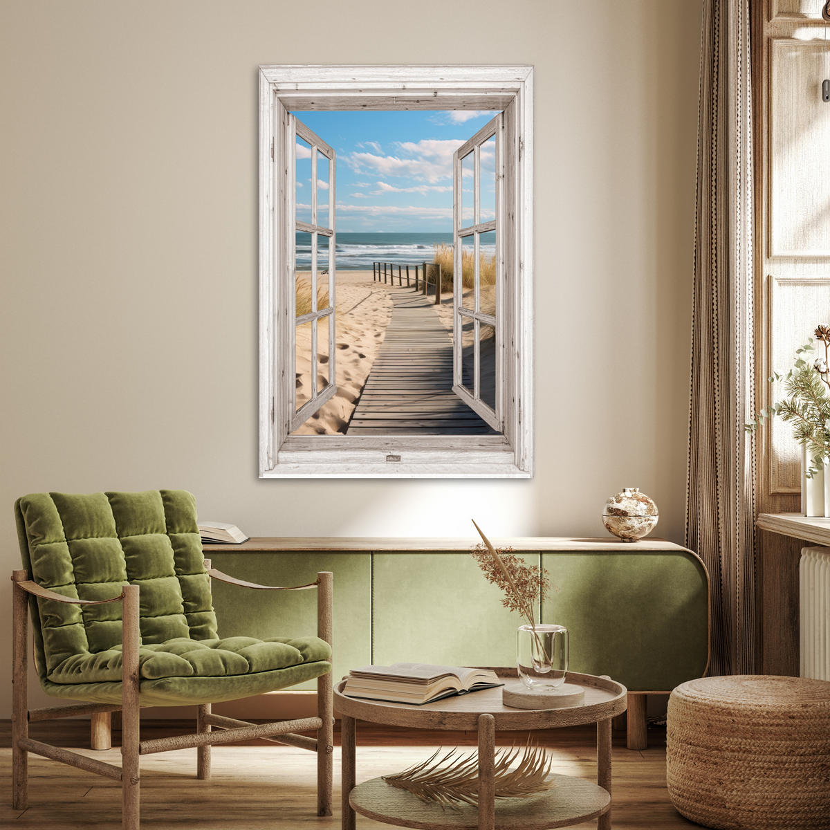 POSTER Fenster - Meer - Küste - Natur - Ausblick - Strand - Wattenmeer 80x120 cm - Beige, Papier (80/120/0.1cm) - MuchoWow