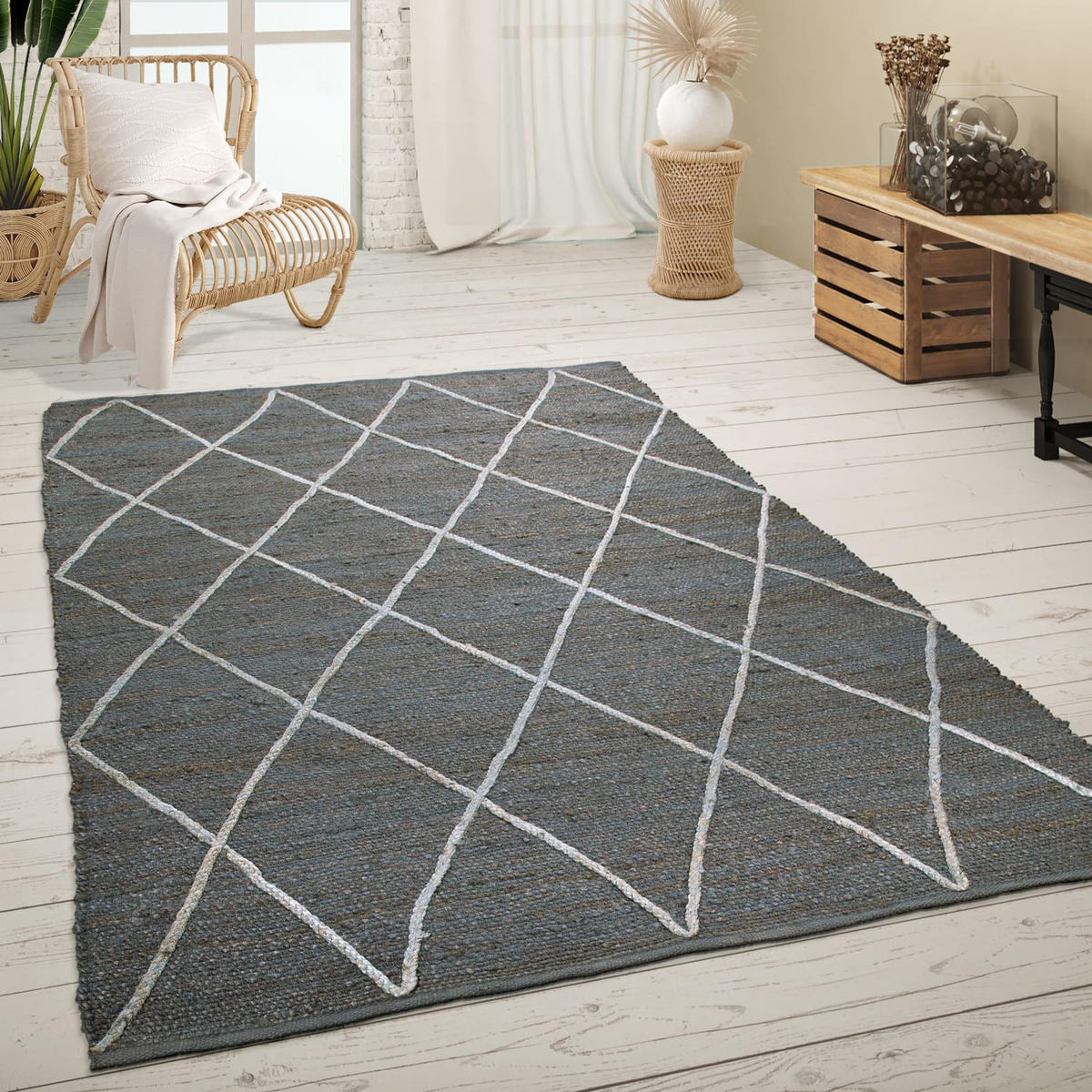 JUTETEPPICH handgewebt wendbar, mit Rautenmuster, Anthrazit, 160 x 230 cm - Anthrazit, Textil (160/230cm) - KADIMA DESIGN