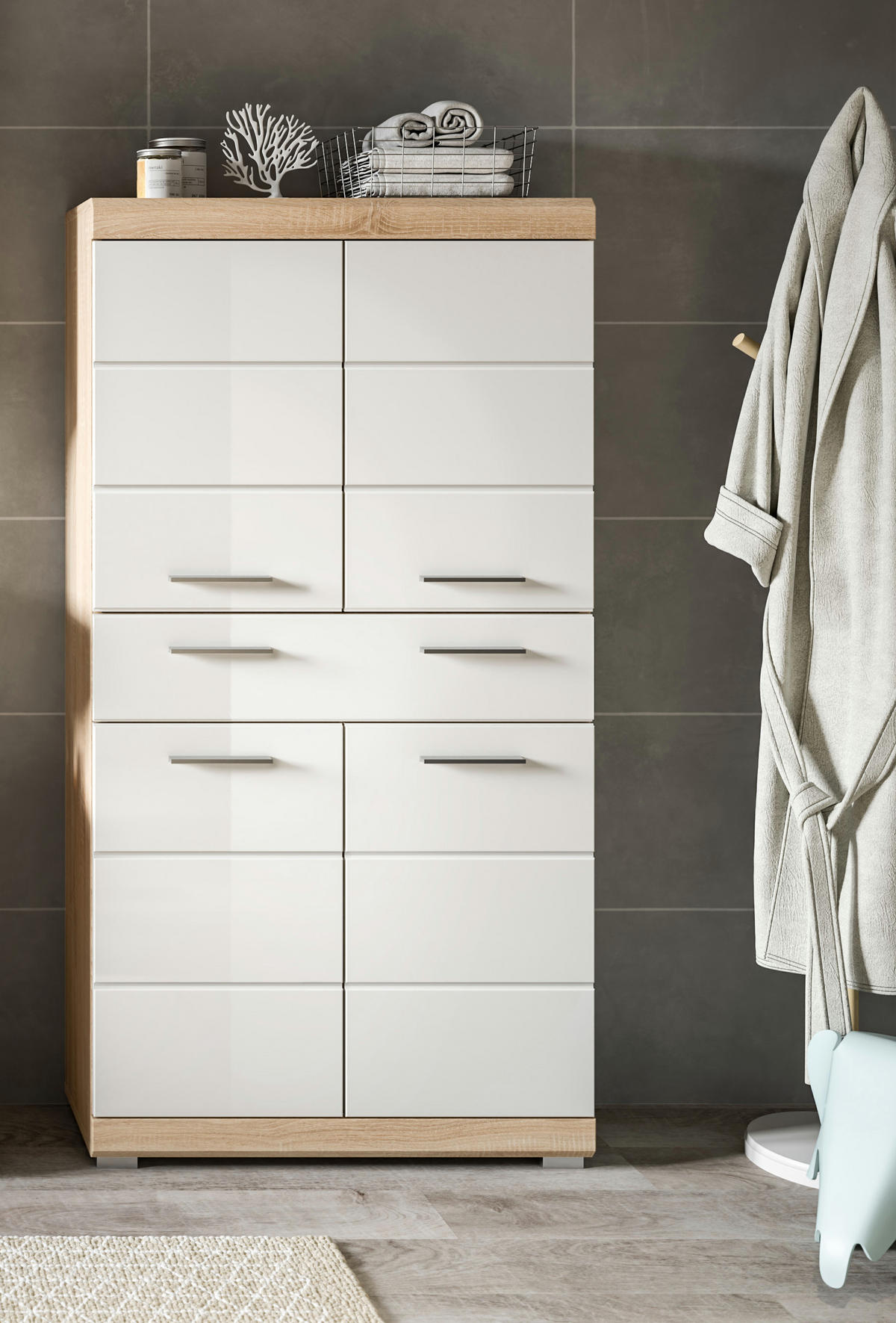 BADMIDISCHRANK Lambada Bad in Sonoma Eiche hell und weiß hochglanz B/H/T: 74x141x31 cm - Eichefarben, Holz (74/141/31cm)