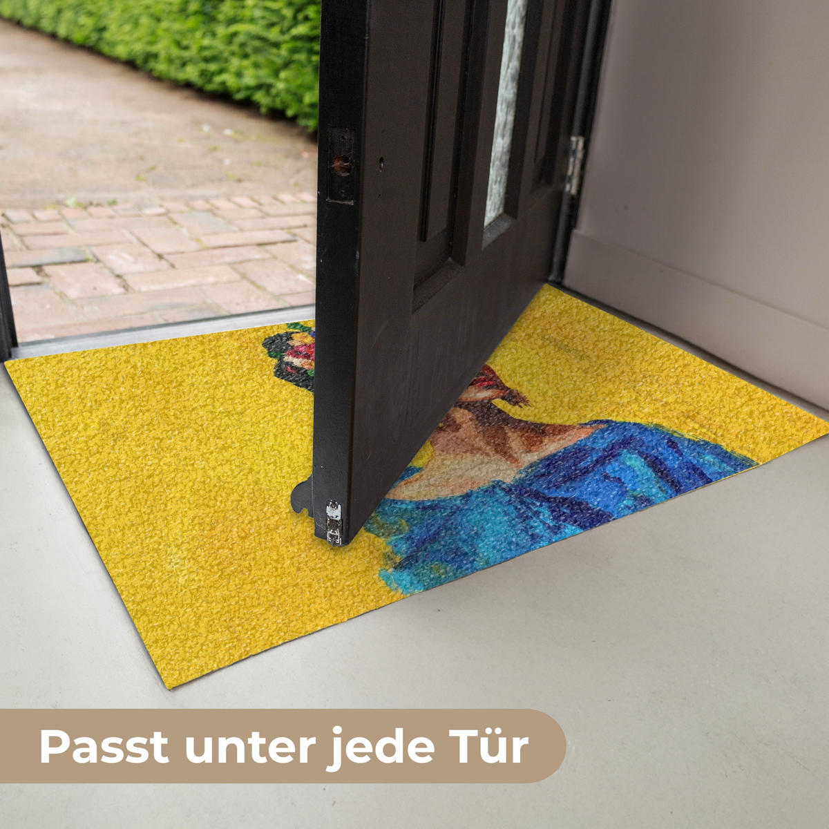 FUSSMATTE Frida Kahlo - Frau - Gelb - Blau - Blumen 90x60 cm - Gelb, Kunststoff (90/0.4cm) - MuchoWow