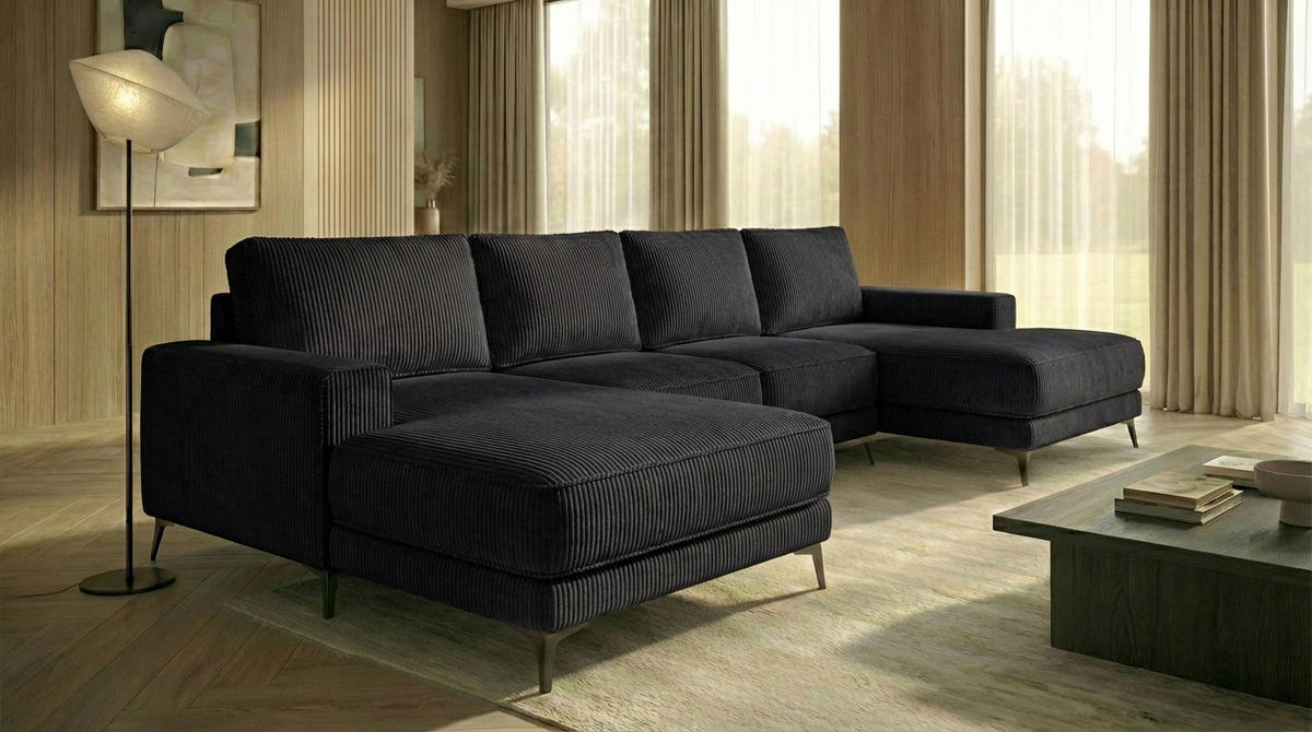 ECKSOFA VALTOR 320 cm x 185 cm – Stoff: ZOOM 23 Farbe: Schwarz - Schwarz, Textil (320/185cm) - A&J MöbelLand