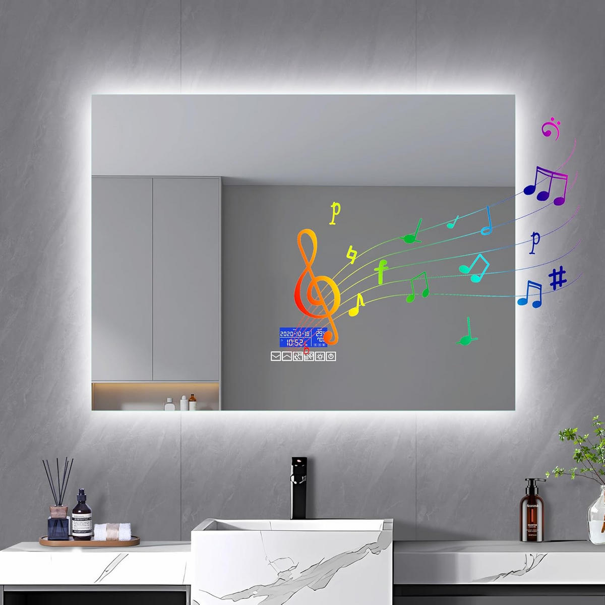 BADEZIMMERSPIEGEL mit LED, Rechteck 60 x 140 cm, Anti-Beschlag, Temperaturanzeige und 3 Anpassbare Helligkeit - Transparent, Glas (140/4/60cm)