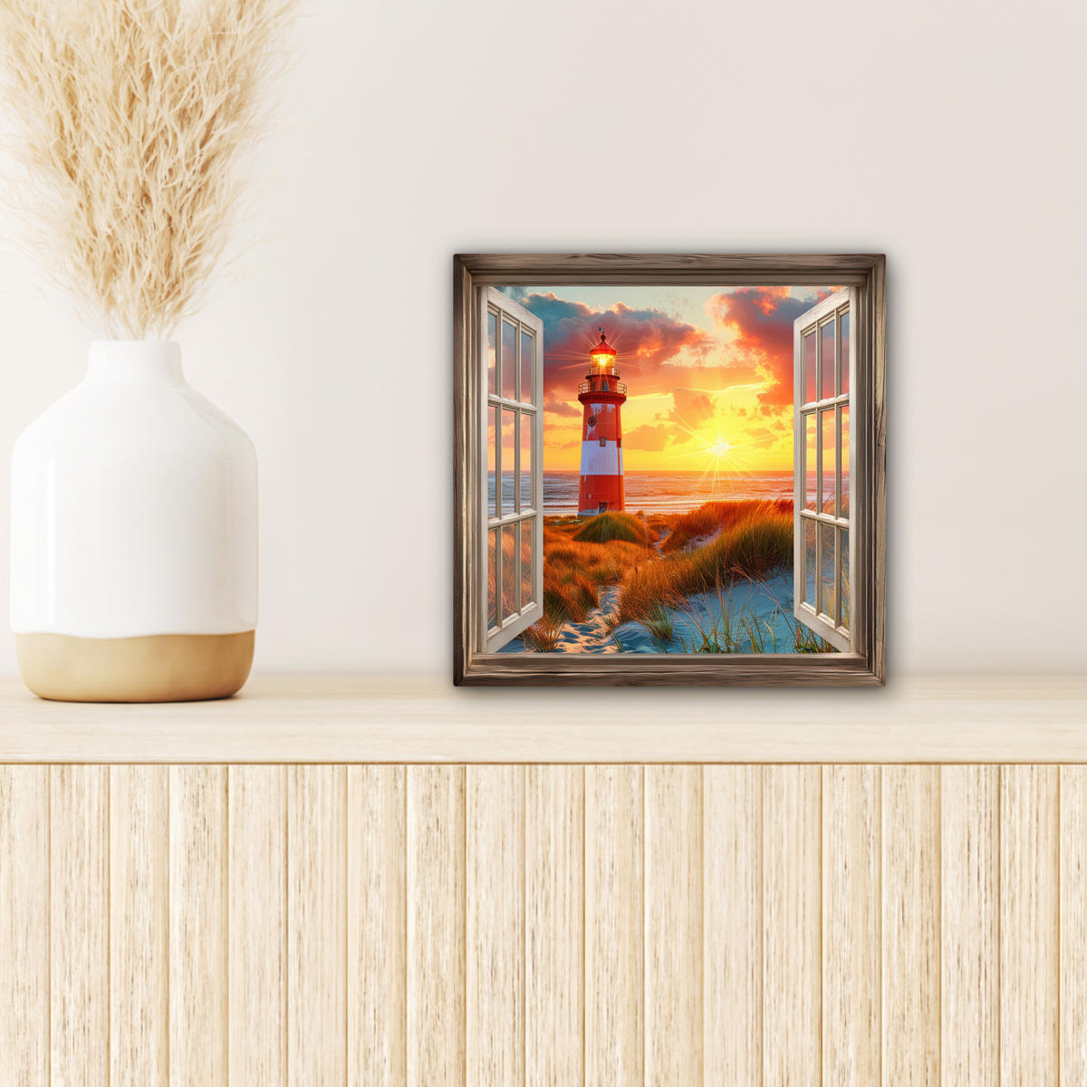 LEINWANDBILD Aussicht - Fenster - Leuchtturm - Sonnenuntergang - Strand 20x20 cm - Dunkelorange, Textil (20/20cm) - MuchoWow