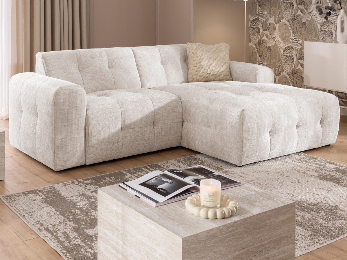ECKSOFA Kozy im Bumpy-Design mit fester Rückenlehne aus weichem Beige Chenille-Stoff - Ottomane rechts - Beige/Creme, Holz/Kunststoff (234/161cm) - S-Style Möbel