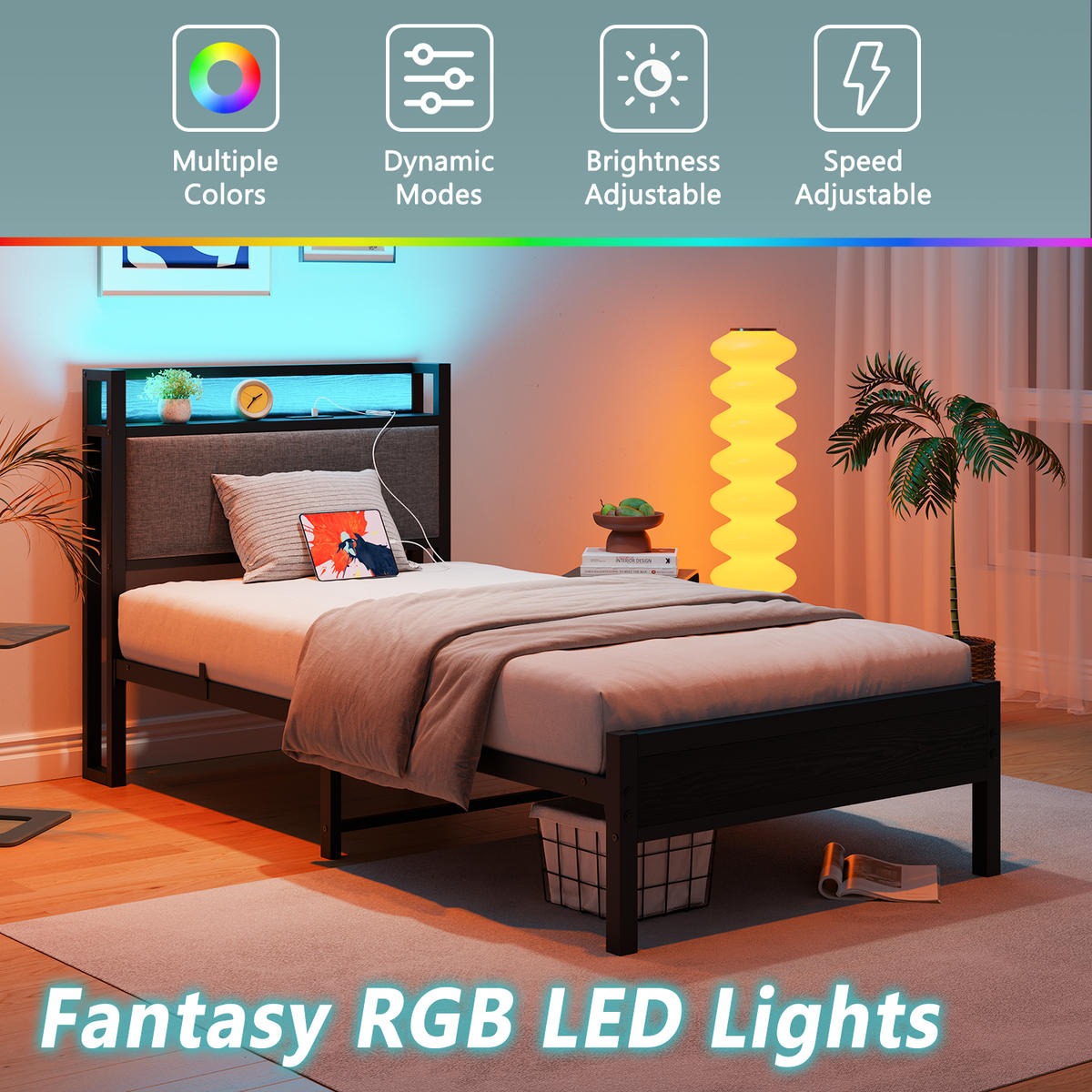 METALLBETT 90x200 cm LED USB Stauraum - Schwarz, Holzwerkstoff (90/200cm) - LEBENLANG