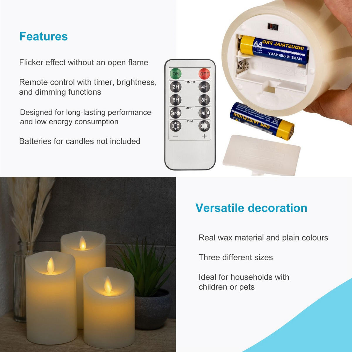 LED KERZEN (3er-Set) - Weiß, Naturmaterialien (8/8/15cm) - Intirilife