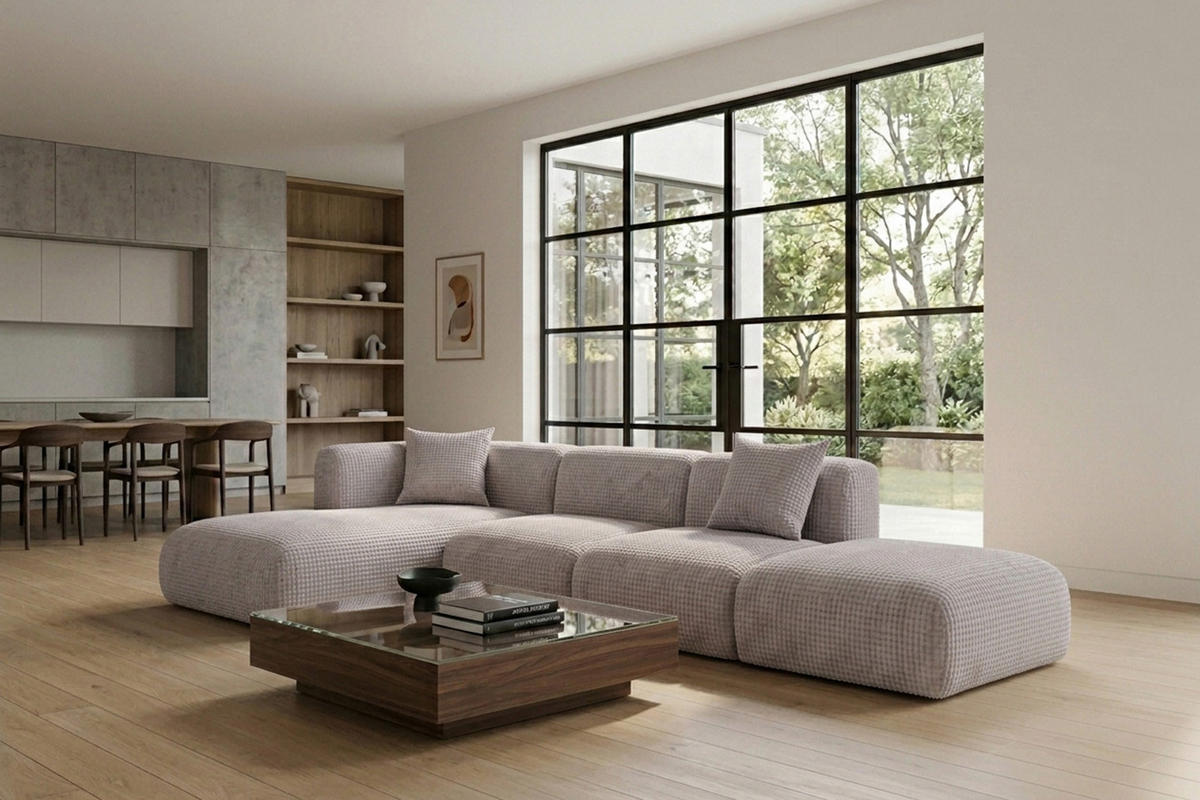 ECKSOFA L-Form mit Hocker, Chenille-Stoff Cremona, Hellgrau, Links, GRETA - Hellgrau, Holz (386/179cm) - Kaiser Möbel