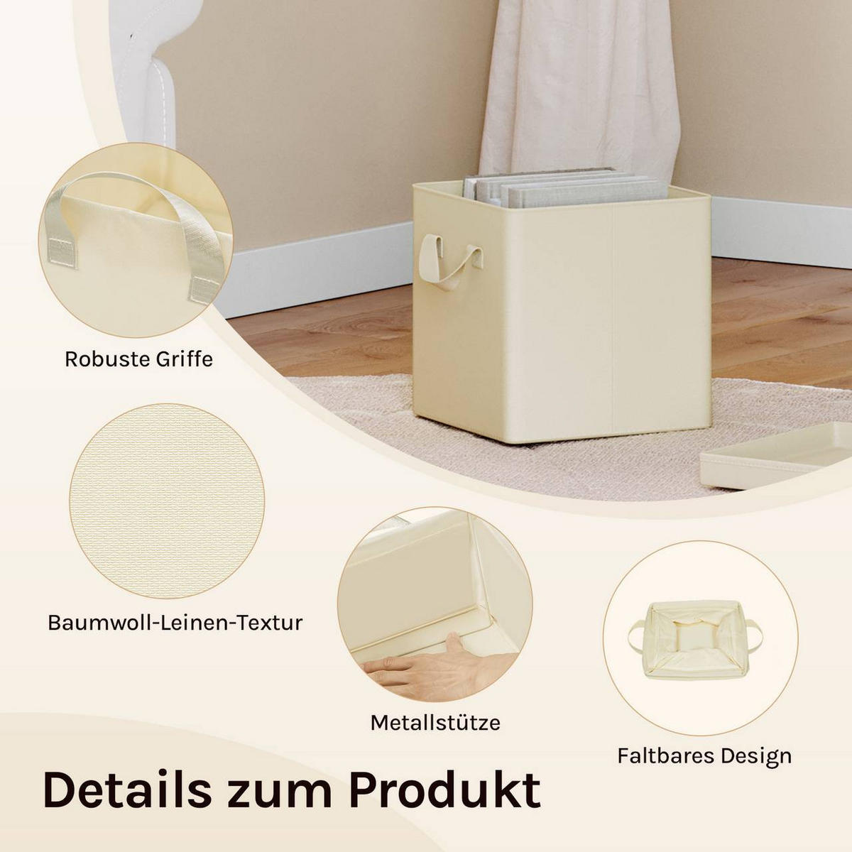 BOX 3 Stück, faltbar, mit Deckel, Creme, 20L - Creme, Leder/Kunststoff (27/27/27cm) - Woltu