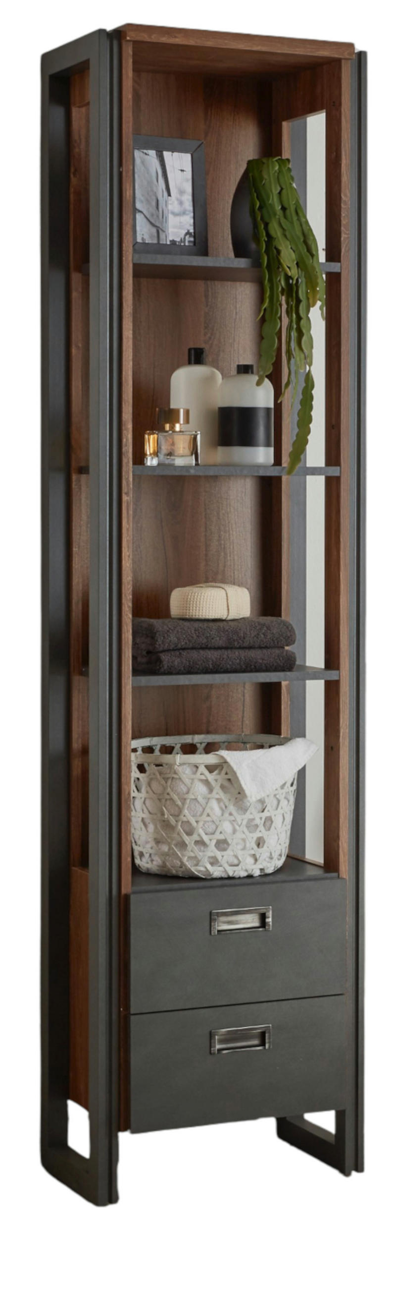 BAD-REGAL Eiche Stirling, Matera grau, Badmöbel Hochschrank 49 x 202 cm - Eichefarben/Grau, Holzwerkstoff/Metall (49/202/33cm)