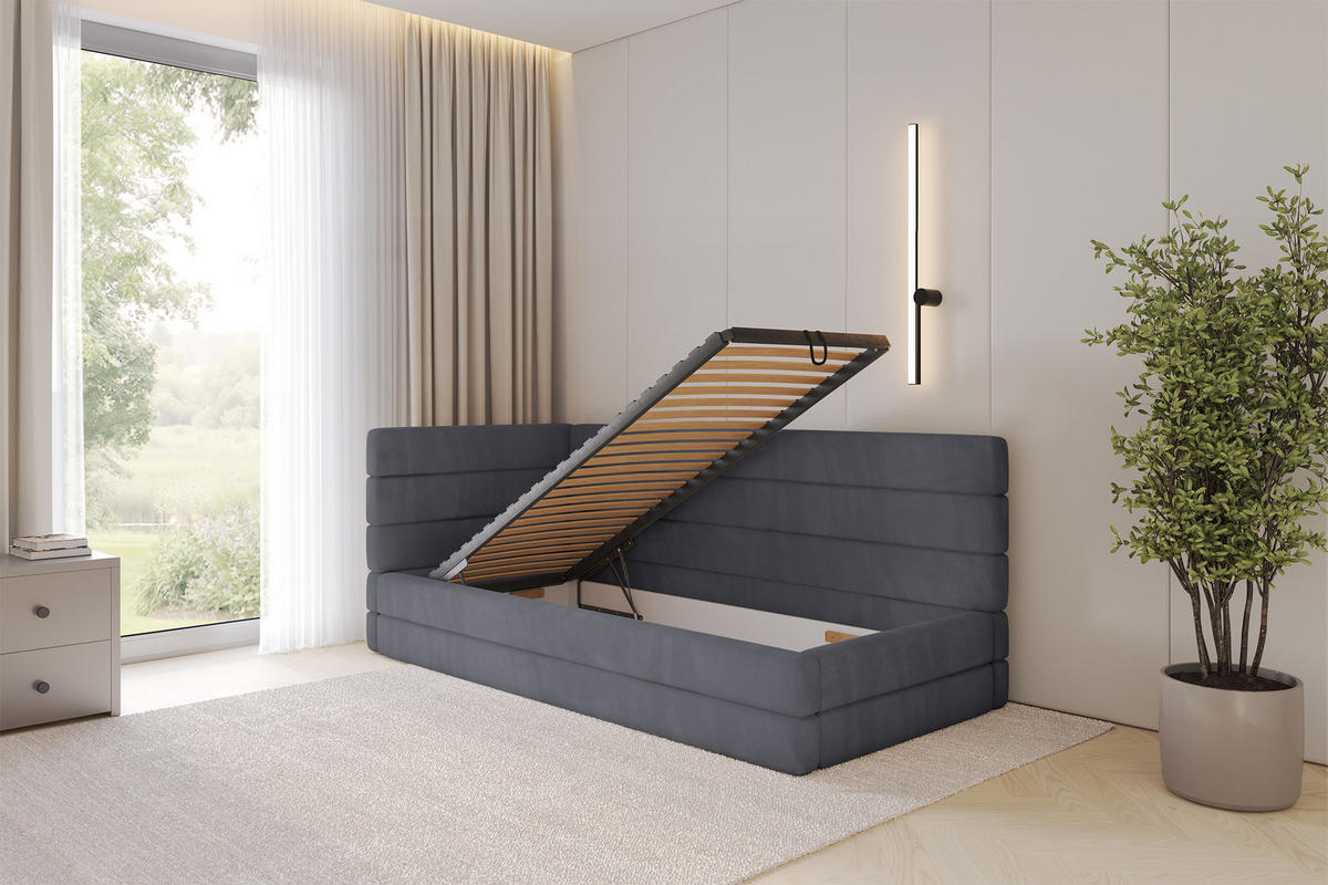 EINZELLBETT Jugendbett mit Bettkasten, Rechts - BEMY 90x200 Dunkelgrau - Titanfarben, Holzwerkstoff/Textil (90/200cm) - ALTDECOR