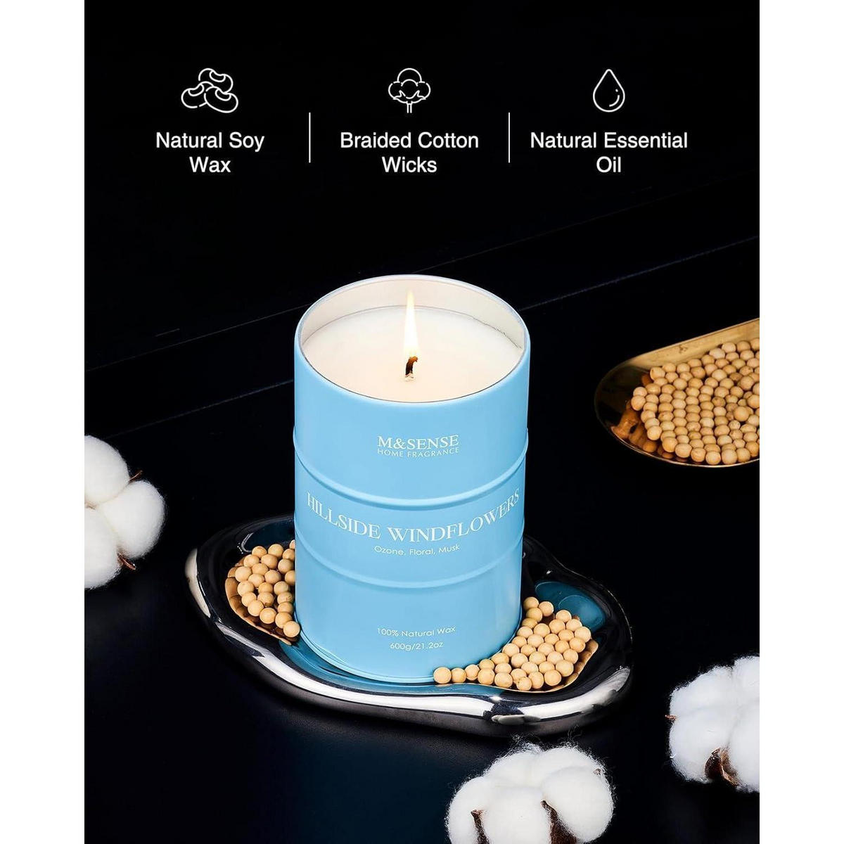 DUFTKERZE Hillside Windflower 600g Sojawachsmischung - Hellblau, Paraffin (13.5cm)