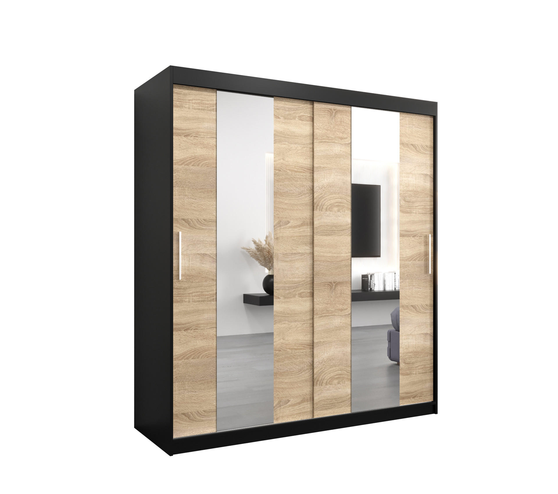 Abiks Möbel Schwebetürenschrank Schwarz, Sonoma Eiche 180x200x62 cm