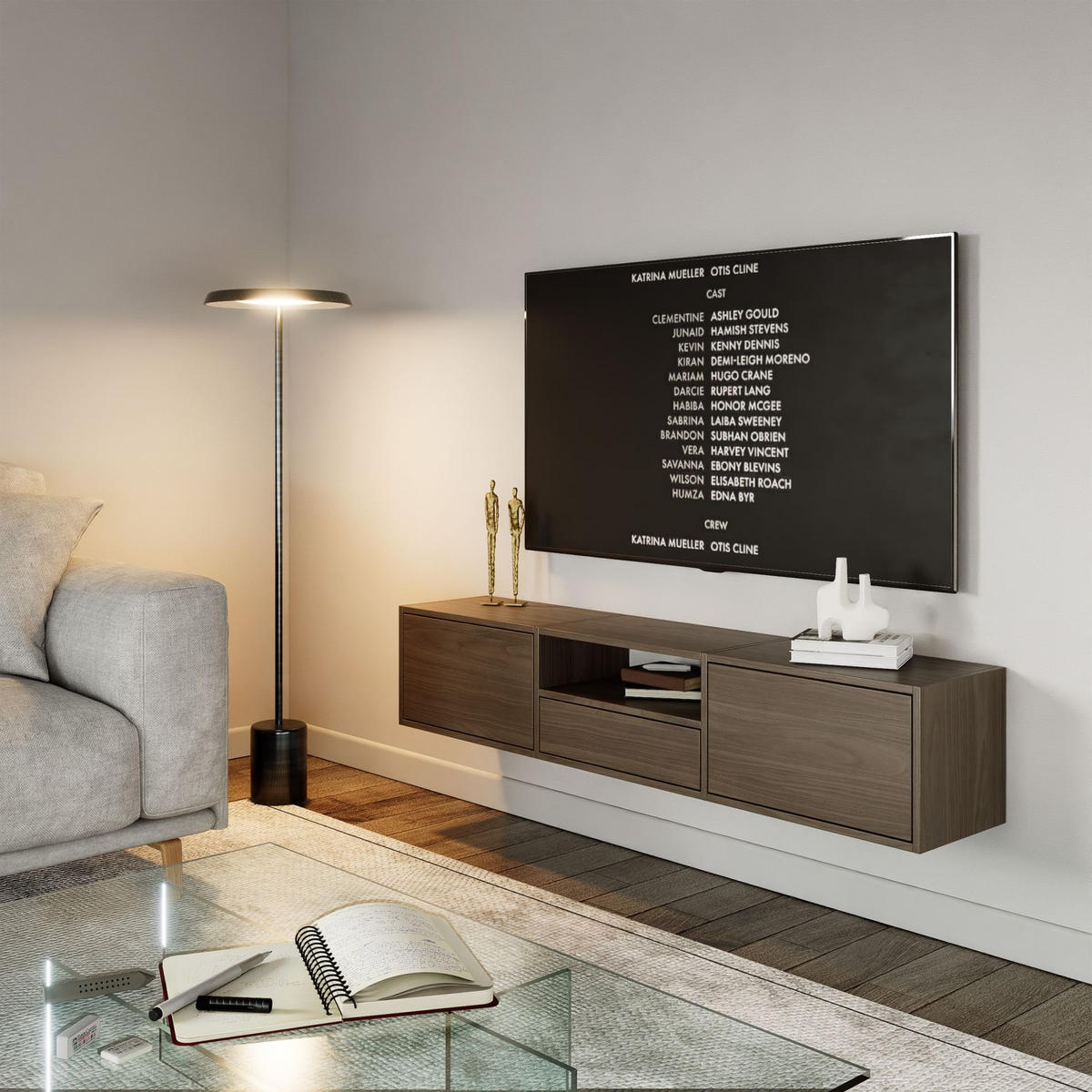 TV-LOWBOARD hängend, 3 Klappen und Ablage, Walnuss, 150 cm - Dunkelbraun, Holzwerkstoff (150.1/30/30cm) - Selsey