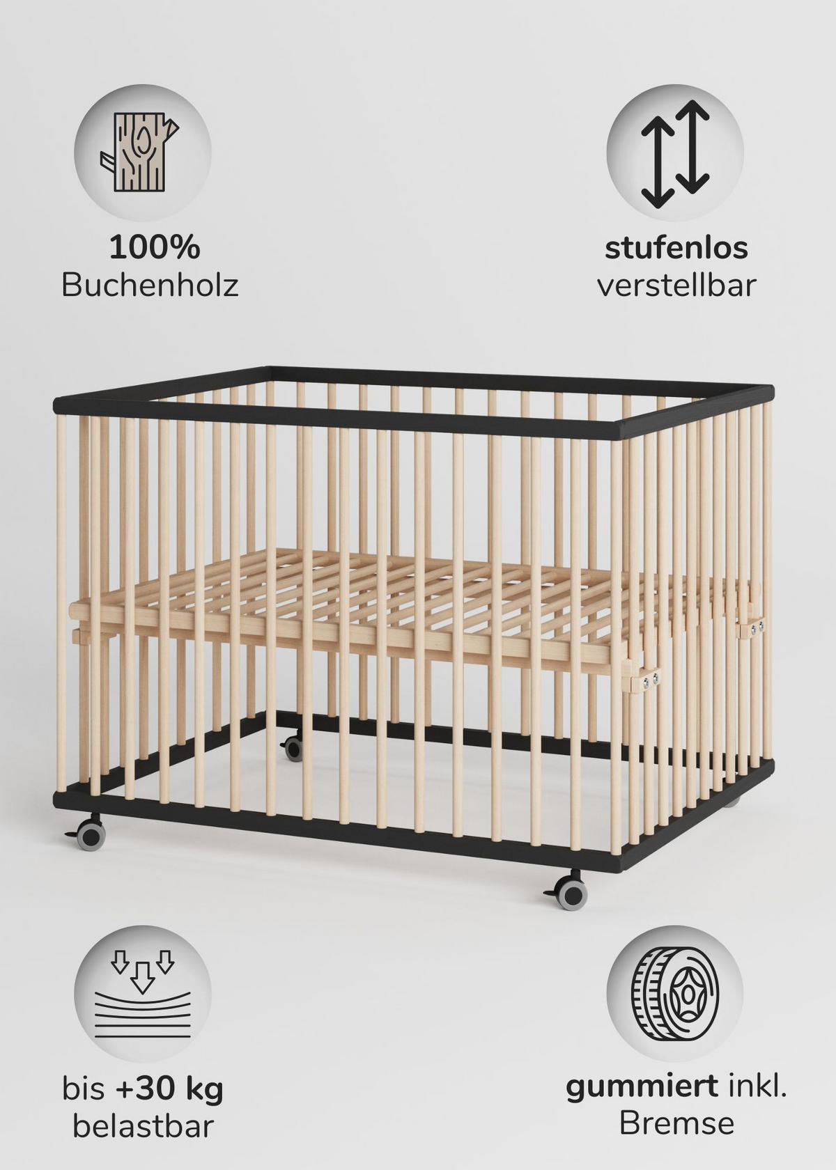LAUFGITTER 75x100 cm mit Matratze SleepPlus, Lattenrost & Schlupfsprossen - schwarz/natur - Premium Kollektion - Schwarz/Naturfarben, Holz (100/74/75cm) - Sämann – make a difference.