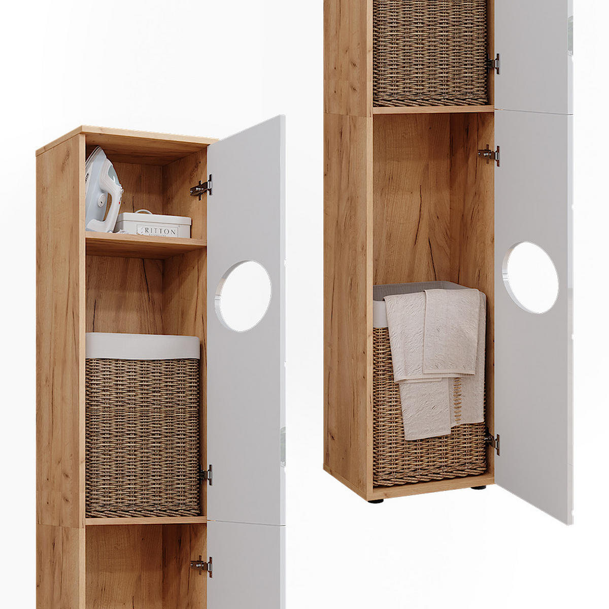 WÄSCHESCHRANK Irma Goldkraft Eiche/Weiß Hochglanz 37.2 x 192 cm - Weiß Hochglanz/Eiche Wotan, Holzwerkstoff (37.2/192/32cm) - Vicco