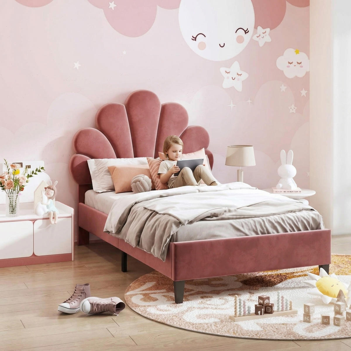 KINDERBETT 90 x 200 cm mit höhenverstellbarem Kopfteil,Samtstoff - Rot, Metall (90/200cm) - PARAFTA HOME