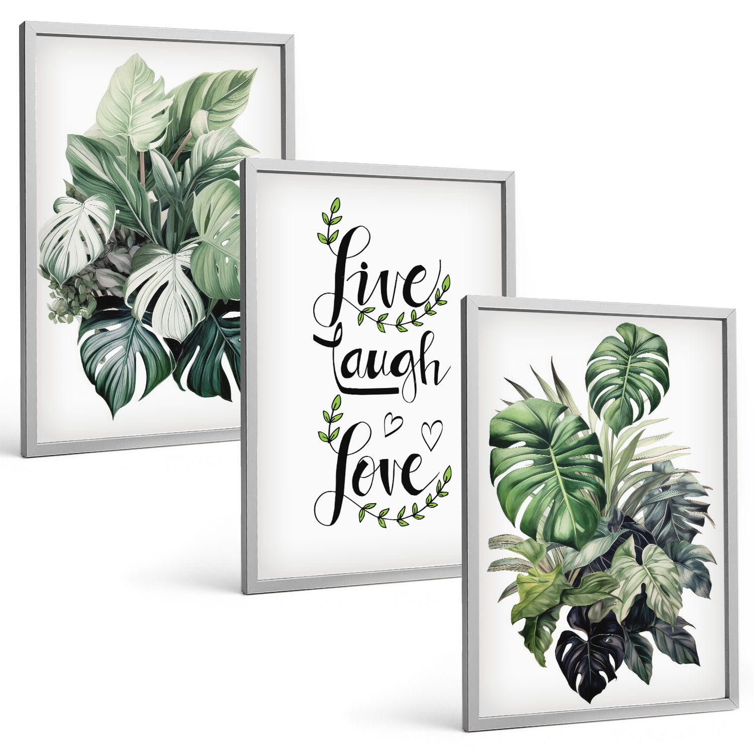 BILDER SET 3er Set - 40x60 cm Silberner Rahmen - Blattpflanzen leben, lachen, lieben - Silberfarben, Kunststoff (40/60cm) - TULUP