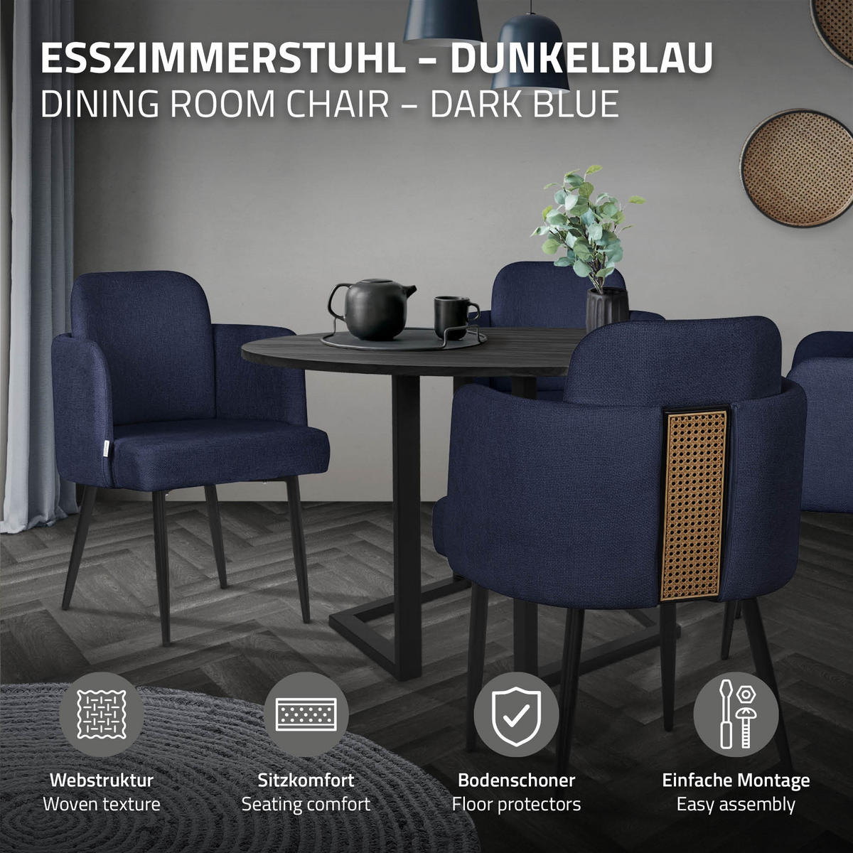 ESSZIMMERSTUHL Dunkelblau mit Stoffbezug - Schwarz/Dunkelblau, Textil/Metall (59/86/59cm) - ML-DESIGN