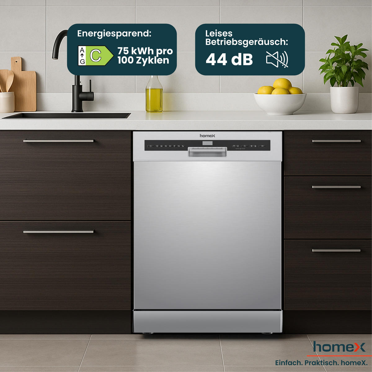 GESCHIRRSPÜLER 60 cm, Spülmaschine freistehend - 14 Maßgedecke, 7 Programme, AquaStop, 44 dB, unterbaufähig - Silberfarben, Kunststoff/Metall (59.8/84.5/60cm) - homeX