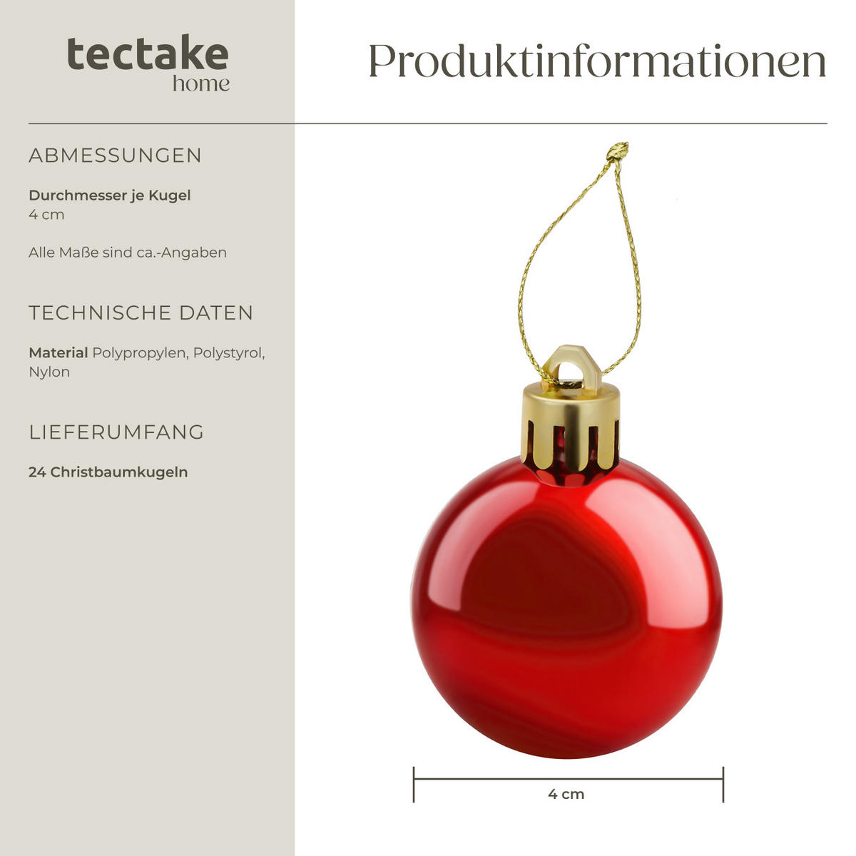 WEIHNACHTSKUGELN ,Durchmesser 4 cm,rot - Rot, Textil (4/4/4cm) - tectake