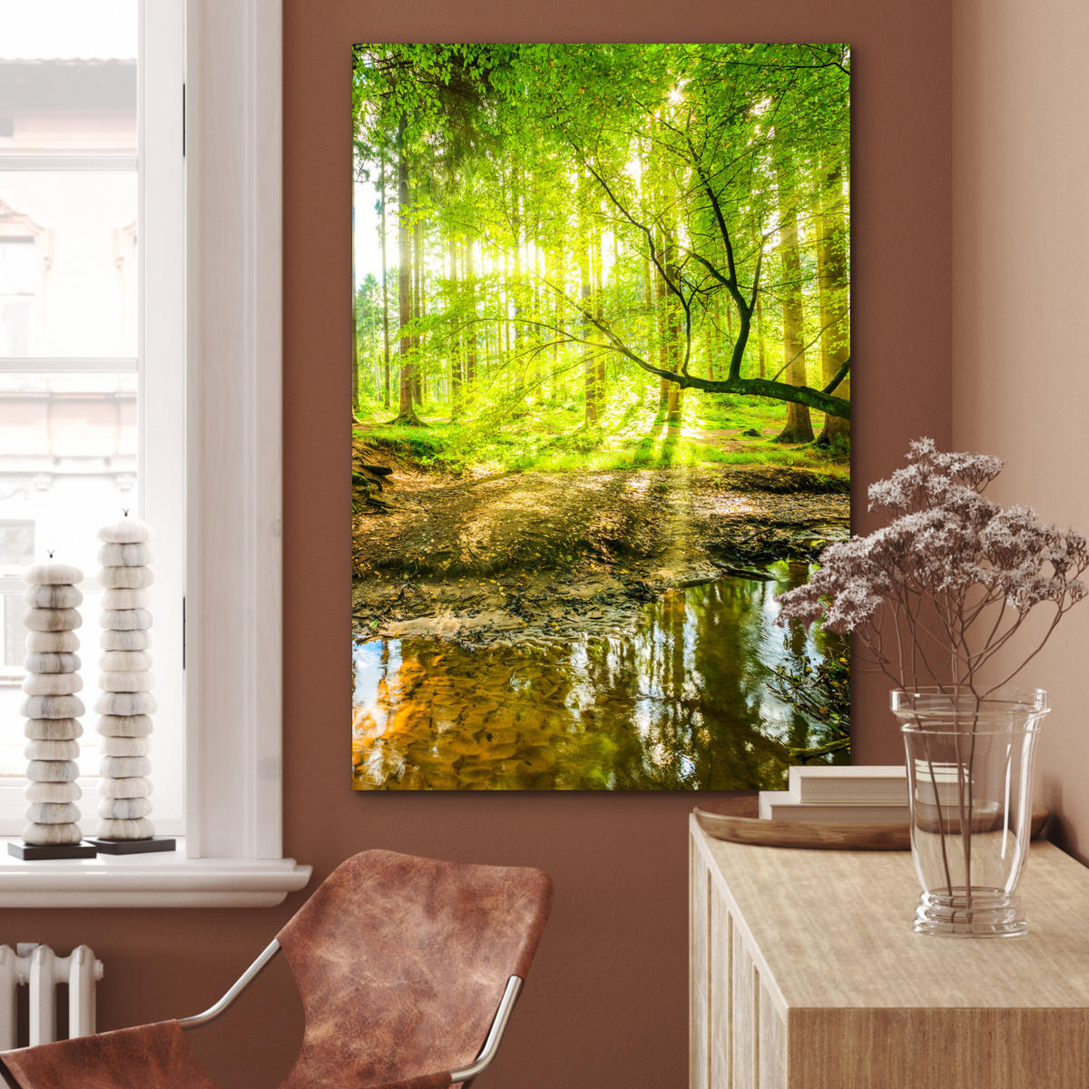 METALLBILD Wald - Landschaft - Wasser - Bäume - Sonne - Grün - Natur 60x90 cm - Grün, Metall (60/90cm) - MuchoWow
