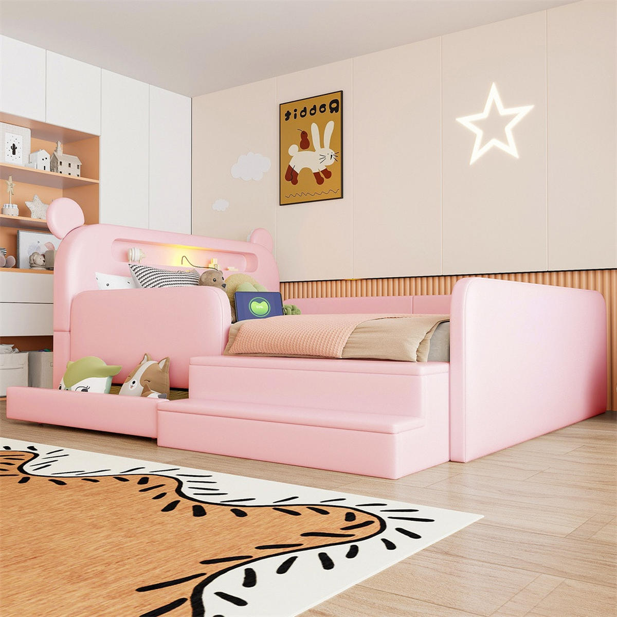 POLSTERBETT 140x200 cm mit Bären-Kopfteil - Nachtlicht & USB - mit Stauraum - Rosa - ohne Matratze - Pink, Textil (140/200cm) - DELFA
