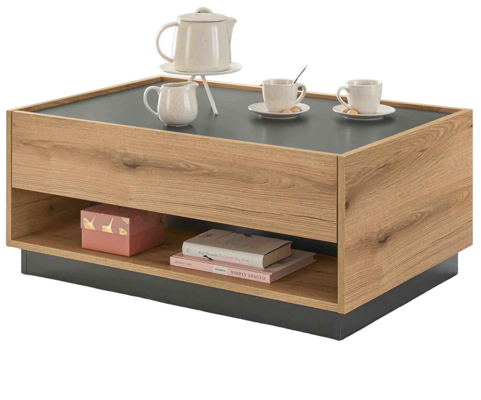 COUCHTISCH Eiche Evoke, grau 90 x 60 cm, Wohnzimmertisch mit Stauraum - Schwarz/Naturfarben, Holz/Holzwerkstoff (90/90/1cm) - Furn.Design