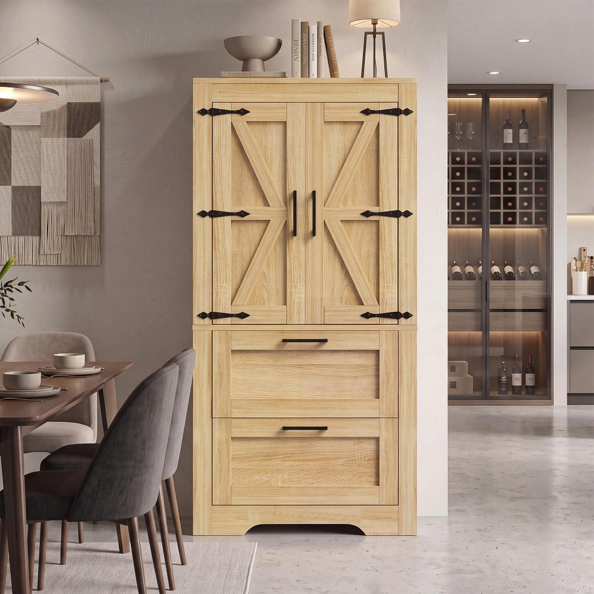 KÜCHENINSEL Küchenschrank Landhausstil, SCHEUNENTÜR DESIGN, mit 2 Schubladen, Naturholzfarbe, 60/128/30 cm - Naturfarben, Kunststoff (30/128/60cm) - Rolipo