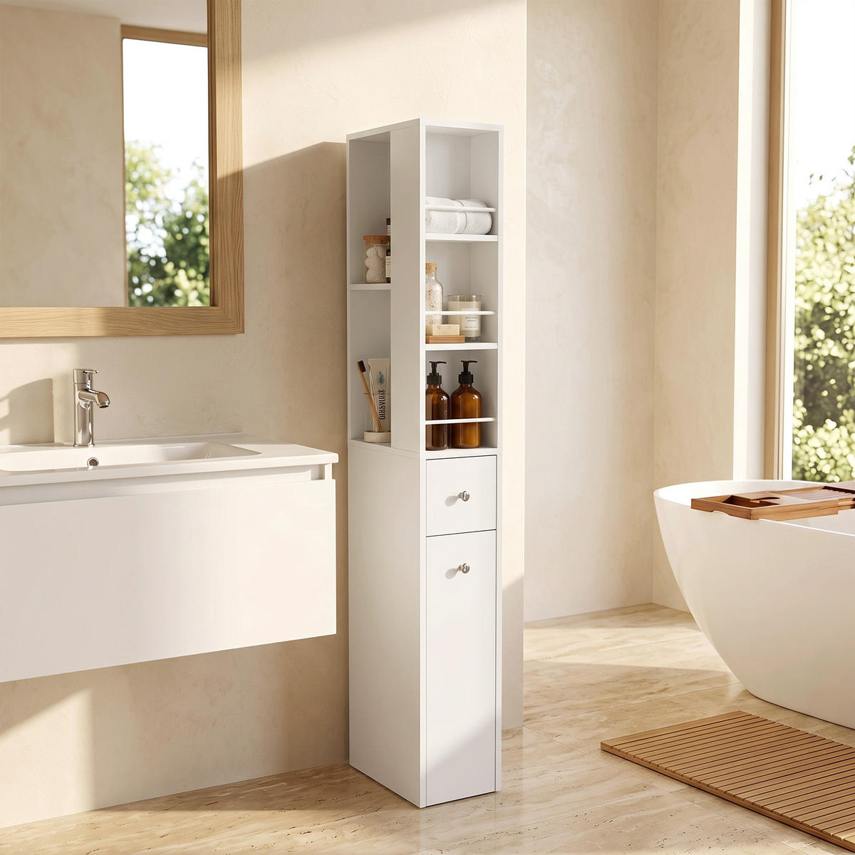 BADEZIMMERSCHRANK MDF Weiß - Silberfarben/Weiß, Holzwerkstoff/Metall (18/135/40cm) - HOMCOM
