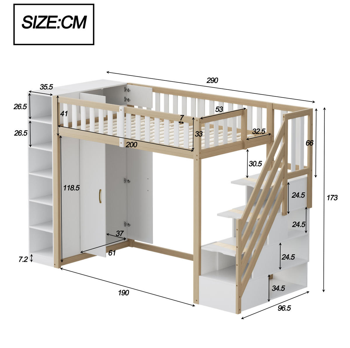 HOCHBETT 90/200 cm Weiß/Naturholz aus Holz mit Kleiderschrank und Regalen - Weiß, Holzwerkstoff (90/200cm) - OKMYHOME