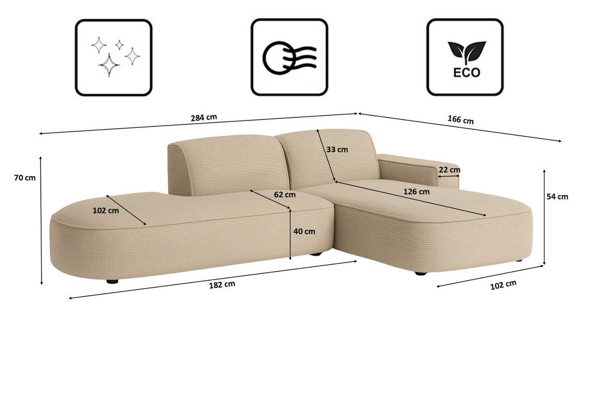 ECKSOFA Cursal Atelier, Stoff Artico, Beige, Rechts - Beige, Holz (284/166cm) - Kaiser Möbel