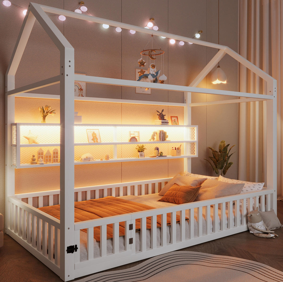 KINDERBETT Hausbett 90/200 cm aus Metall in Weiß mit Sicherheitszaun und LED - Weiß, Metall (90/200cm) - BEAOK