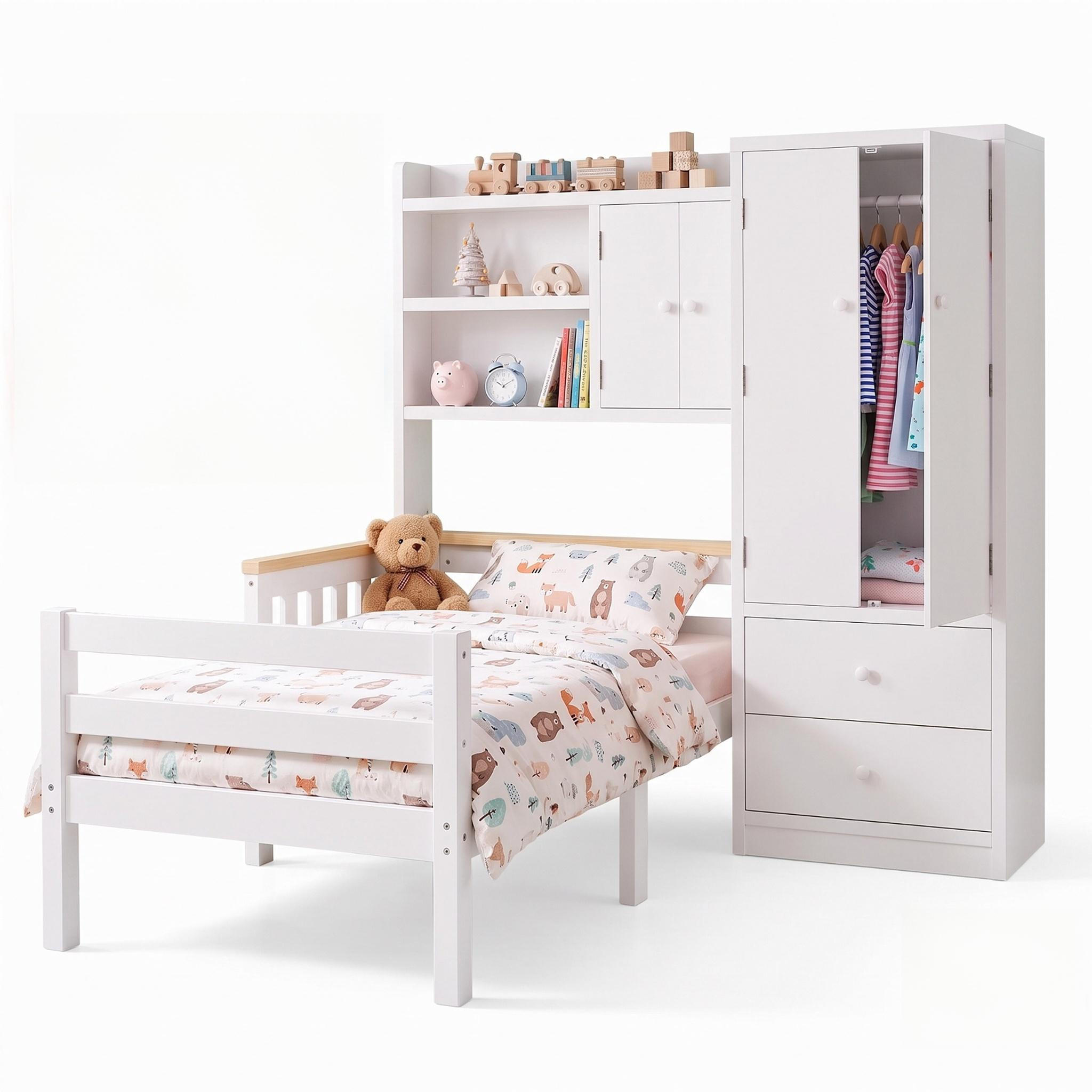 KINDERBETT 90/200 mit Kleiderschrank, Rausfallschutz & Schubladen, Holz, Weiß - Weiß, Holz (90/200cm) - LVHOM