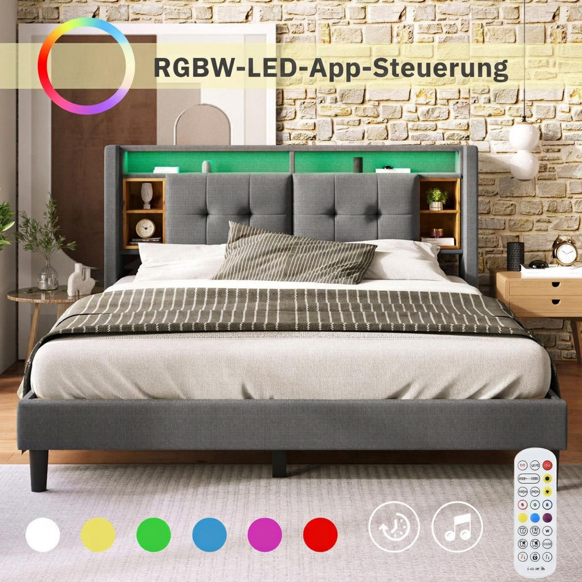 POLSTERBETT 160/200 cm Grau mit Stauraum-Kopfteil, LED-Beleuchtung und USB Type-C Ladefunktion - Grau, Holz (160/200cm) - Oxeza