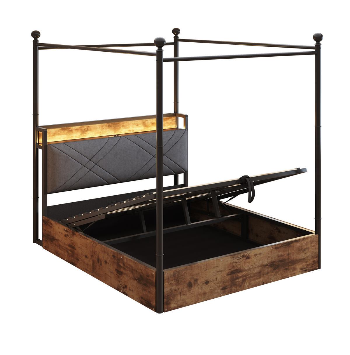 METALLBETT 140/190 cm in Schwarz mit Stauraum, LED-Beleuchtung und USB-/Type-C - Schwarz, Metall (140/190cm) - Flora Grace
