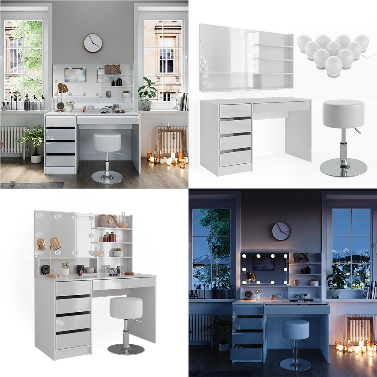 SCHMINKTISCH Sherry Weiß 145 cm mit LED Beleuchtung Hocker und Spiegelregal - Weiß, Holzwerkstoff (55/75/145cm) - Vicco