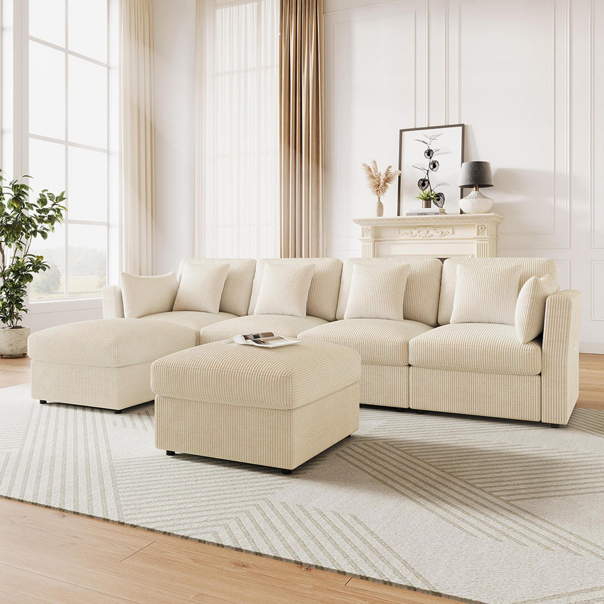ECKSOFA,SECHSSITZER-SOFA mit verstellbaren Armlehnen in Beige - Beige, Textil (159.5/290cm) - KOMHTOM