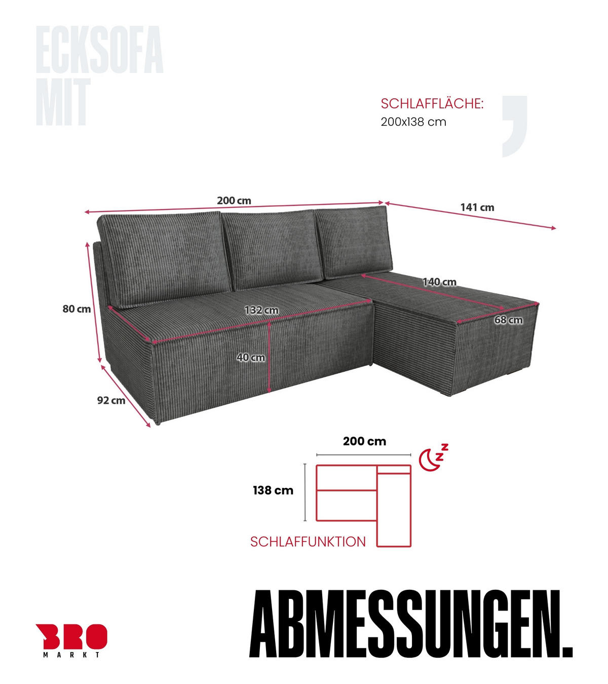 ECKSOFA Hector mit Schlaffunktion Grau Cord - Dunkelgrau, Textil (200/141cm) - Bromarkt