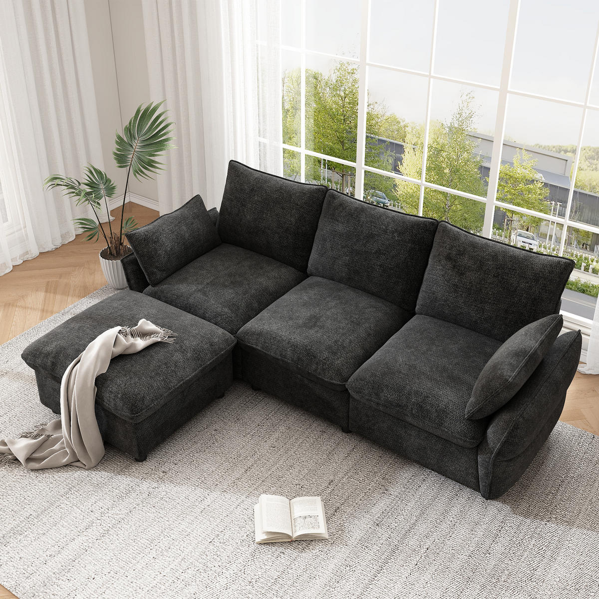 ECKSOFA 222.5/154.5/76.5 cm Dunkelgrau Chenille mit 1 Fußhocker - Dunkelgrau, Textil (222.5/154.5cm) - Oxeza