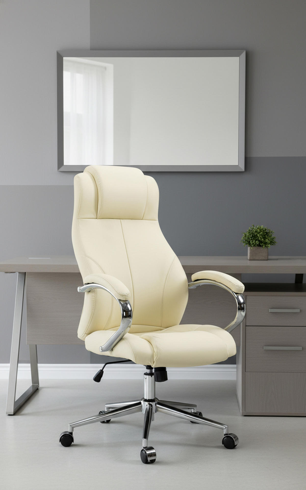 BÜROSTUHL Kyron Echtleder creme - Chromfarben/Creme, Leder/Metall (64/130/79cm) - TPFLiving