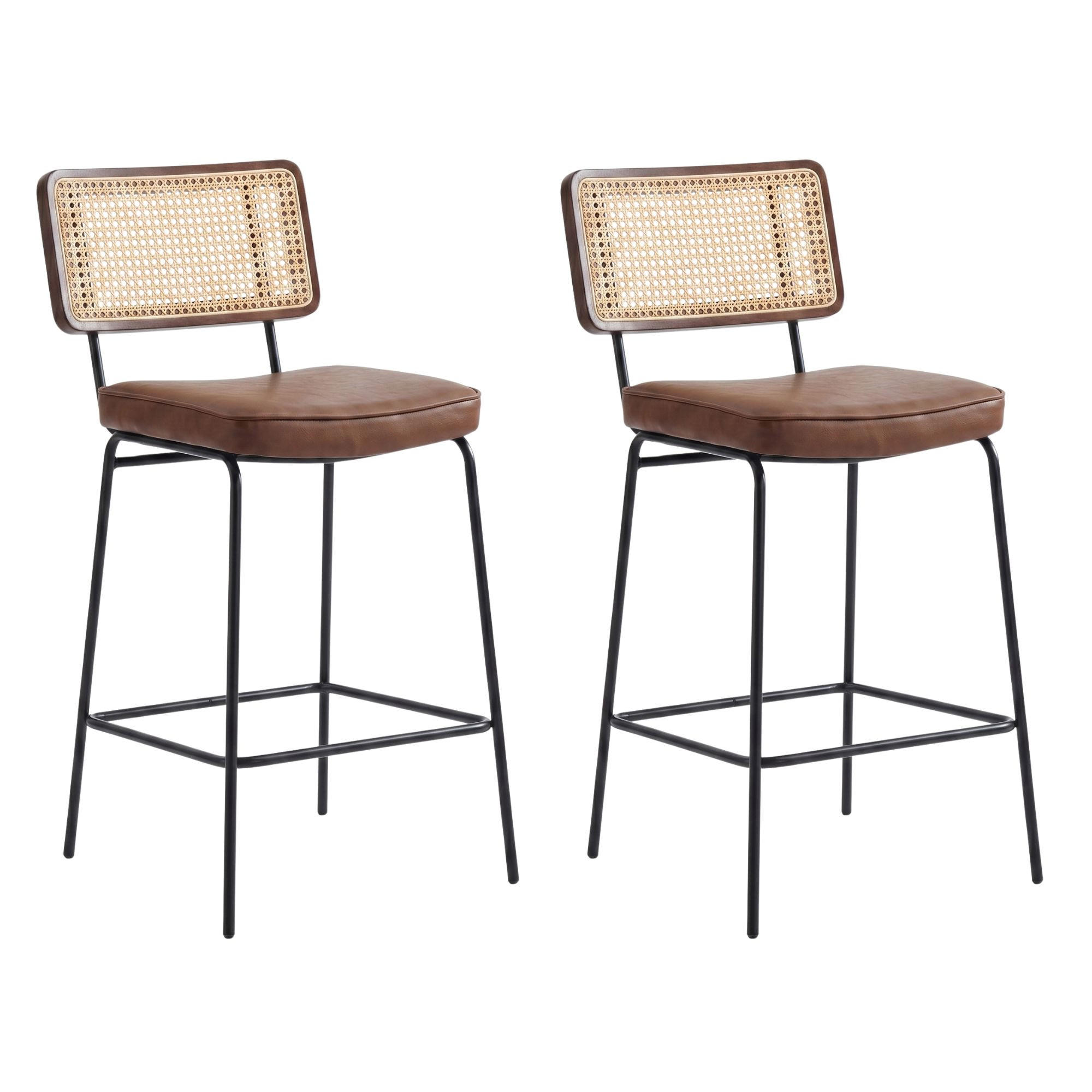 BARHOCKER 2er-Set Vintage PU-Leder Rattan-Optik Holz & Metall - Braun, Leder (46.2/96.5/59.8cm) - Urban Meuble
