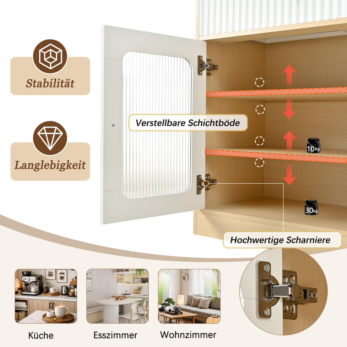 BUFFET in Narurfarben Highboard mit LED und verstellbare Einlegeböden für Ess-, Wohn- und Küche, B80/T40H180cm - Weiß/Naturfarben, Holzwerkstoff (80/180/40cm) - STILVORA