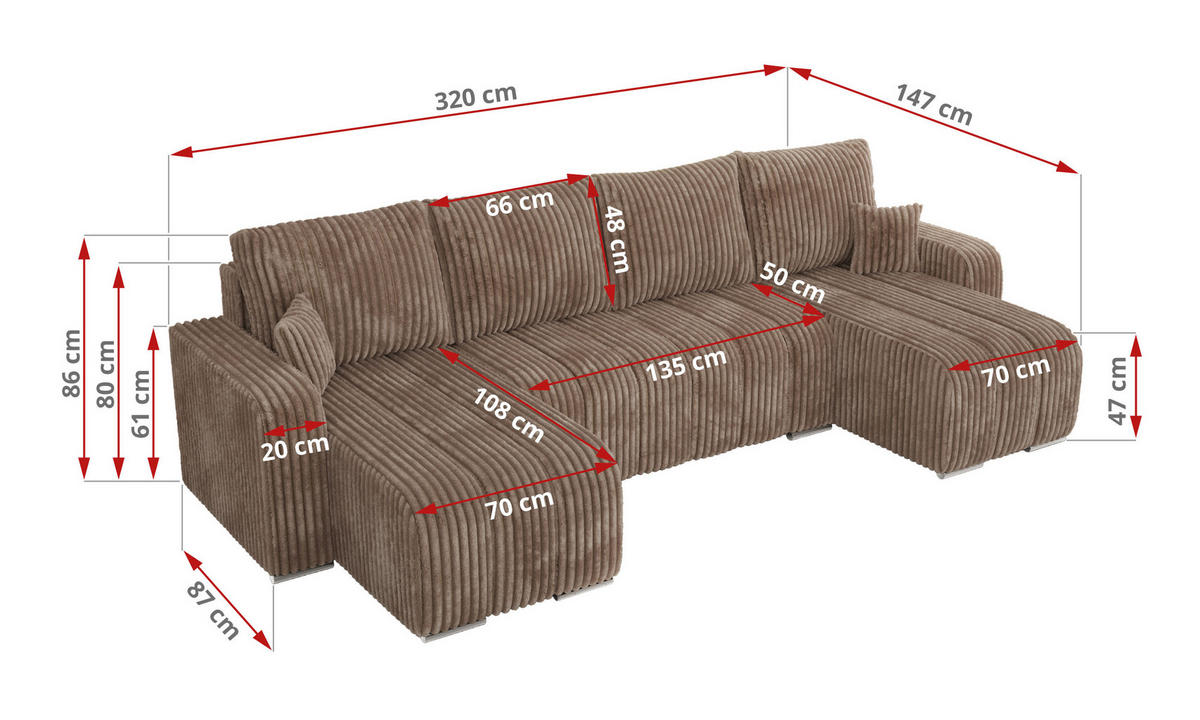 WOHNLANDSCHAFT KIRASSO U Braun Cord - Braun/Grau, Textil/Metall (320/86/147cm) - MKS