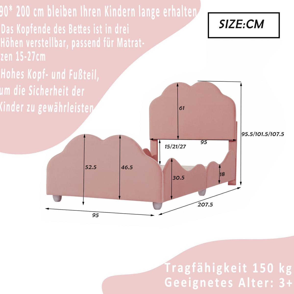KINDEREINZELBETTEN aus Samt 90x200 cm in Rosa mit Rausfallschutz - Rosa, Textil (90/200cm) - Modfu