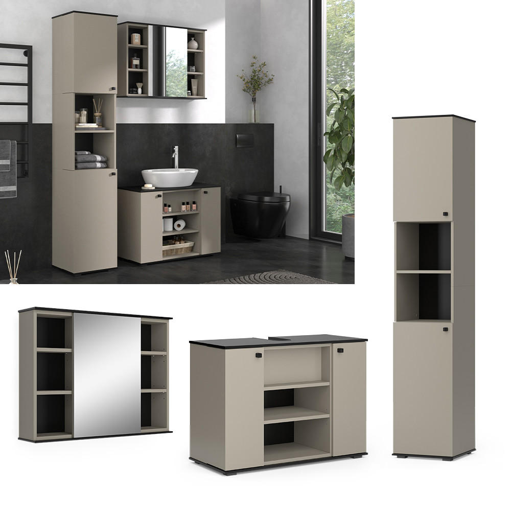 BADMÖBEL-SET Joli Greige 3 Teile, mit Hochschrank - Greige/Schwarz, Holzwerkstoff (80/59/37cm) - Vicco