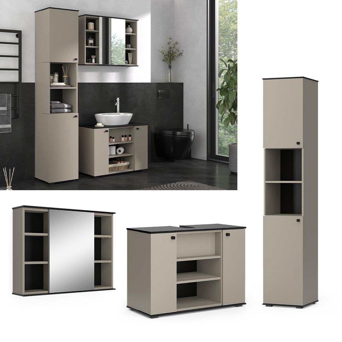 BADMÖBEL-SET Joli Greige 3 Teile, mit Hochschrank - Greige/Schwarz, Holzwerkstoff (80/59/37cm) - Vicco