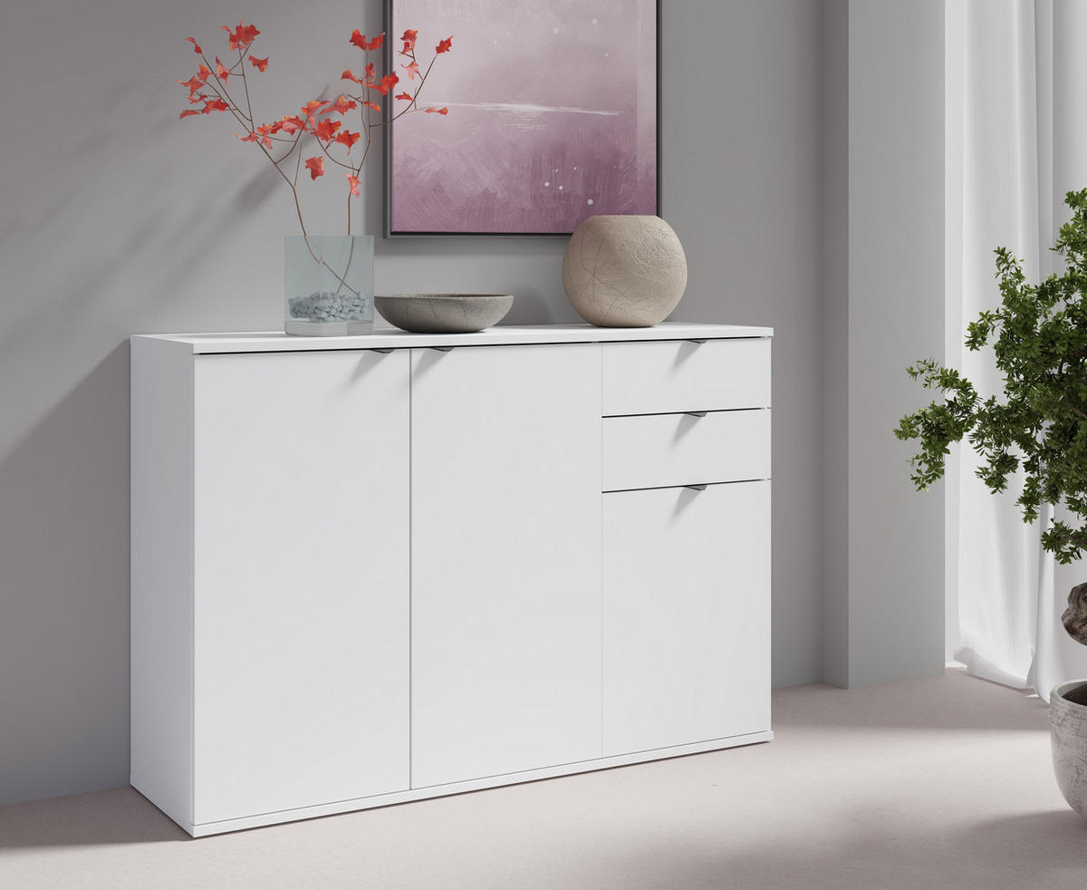 KOMMODE METRIX 120/82,5/35cm mit 2 Schubladen 3 Türen Weiß - Weiß, Holzwerkstoff (120/82.5/35cm) - MASSENO