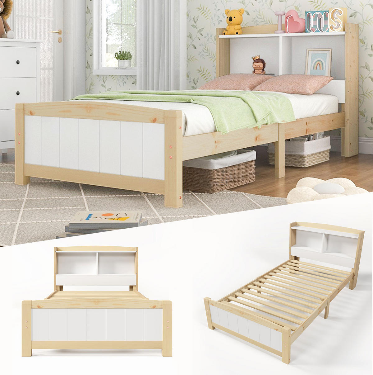EINZELBETT 90/200 cm mit Stauraum-Kopfteil und Lattenrost, Weiß/Natur - Naturfarben, Holz - Redom