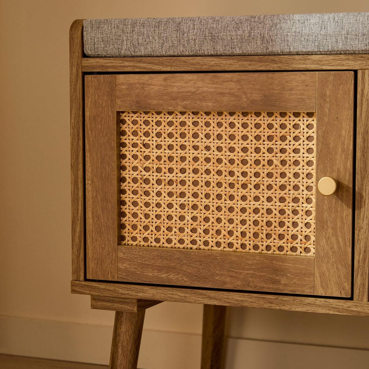 SCHUHBANK 1 Tür mit Rattanfront und 3 offenen Fächern L100 cm 39/100/49 cm - Eschefarben, Holzwerkstoff (46/49/39cm) - Calicosy